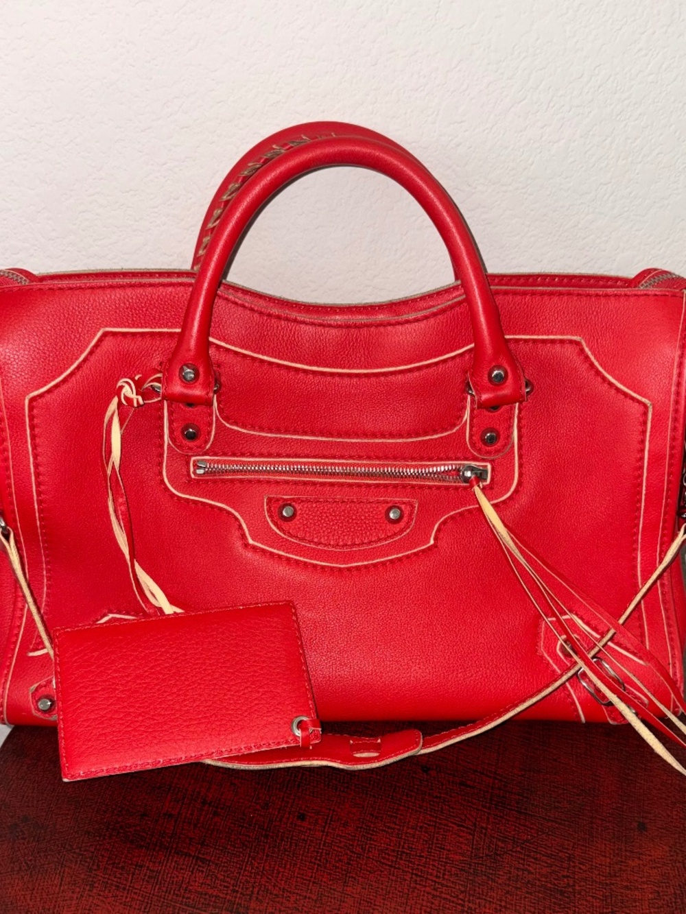 Balenciaga Highlight City Moto Calfskin Leather Rouge White Piping Bag View 2